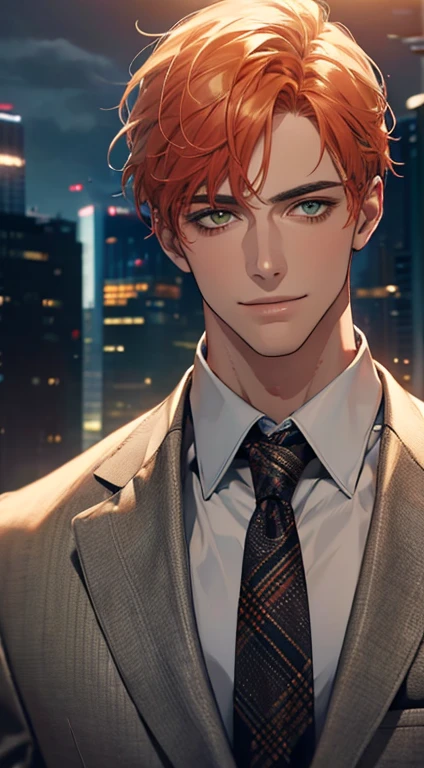 (Highest quality,4K,8K,High resolution,masterpiece:1.2),Super detailed,(Realistic,photoRealistic,photo-Realistic:1.37),1 personld,Mature Men,Beautiful skin、very handsome,Expressionless smile in love,Short orange hair,green eyes,Sharp Eyes,A perfect face without a doubt,Businessman, CEO, Office Background,Cinema Lighting,HDR image,tie、