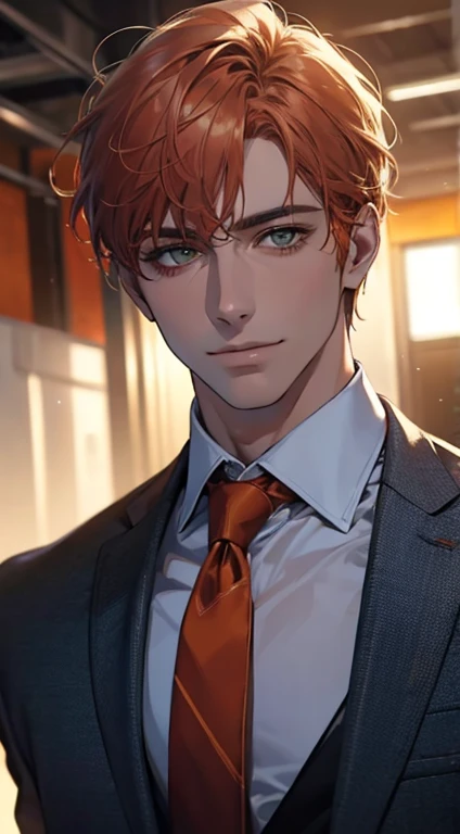 (Highest quality,4K,8K,High resolution,masterpiece:1.2),Super detailed,(Realistic,photoRealistic,photo-Realistic:1.37),1 personld,Mature Men,Beautiful skin、very handsome,Expressionless smile in love,Short orange hair,green eyes,Sharp Eyes,A perfect face without a doubt,Businessman, CEO, Office Background,Cinema Lighting,HDR image,tie、
