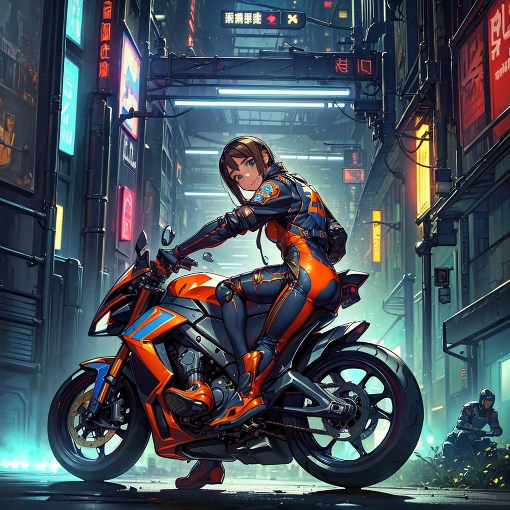 (masterpiece), Highest quality, Fantasy art, One person, (alone:1.5), riding on a cyberpunk style motorcycle, motorcycle, Ground vehicles, car, Cyber City background, Speed Line, Bright colors,spark,(Racing Suits),(Racing Gloves),((Remember)),((Butt)),(Sweat),(hand,detailed,perfection,perfectionion,hands),