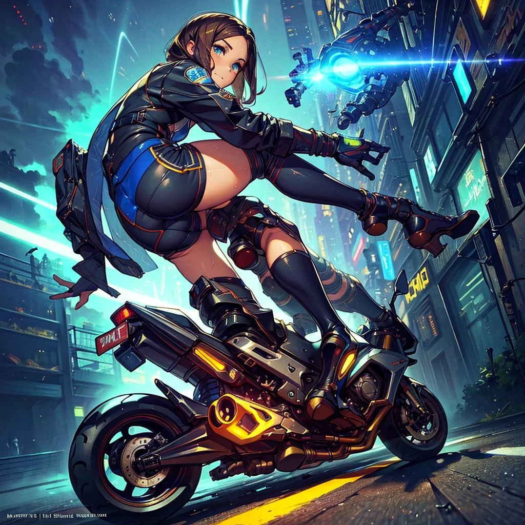 (masterpiece), Highest quality, Fantasy art, One person, (alone:1.5), riding on a cyberpunk style motorcycle, motorcycle, Ground vehicles, car, Cyber City background, Speed Line, Bright colors,spark,(Racing Suits),(Racing Gloves),((Remember)),((Butt)),(Sweat),(hand,detailed,perfection,perfectionion,hands),