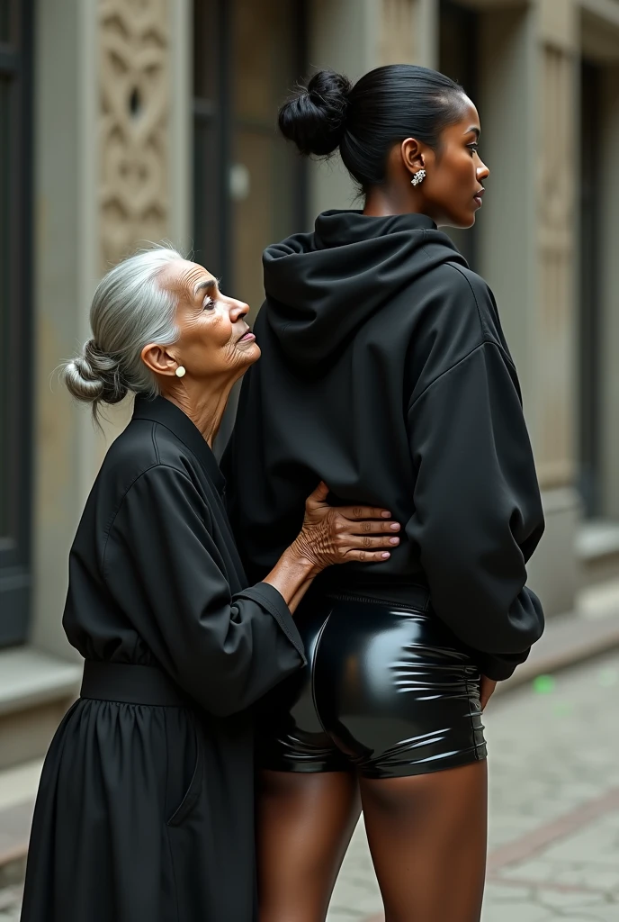 black woman hair in a bun black hoodie black leather short shorts a old grandma in a dress on her knees kissing her ass behind her squeezing her butt