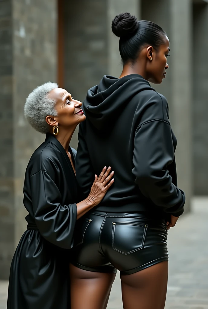 black woman hair in a bun black hoodie black leather short shorts a old grandma in a dress on her knees kissing her ass behind her squeezing her butt