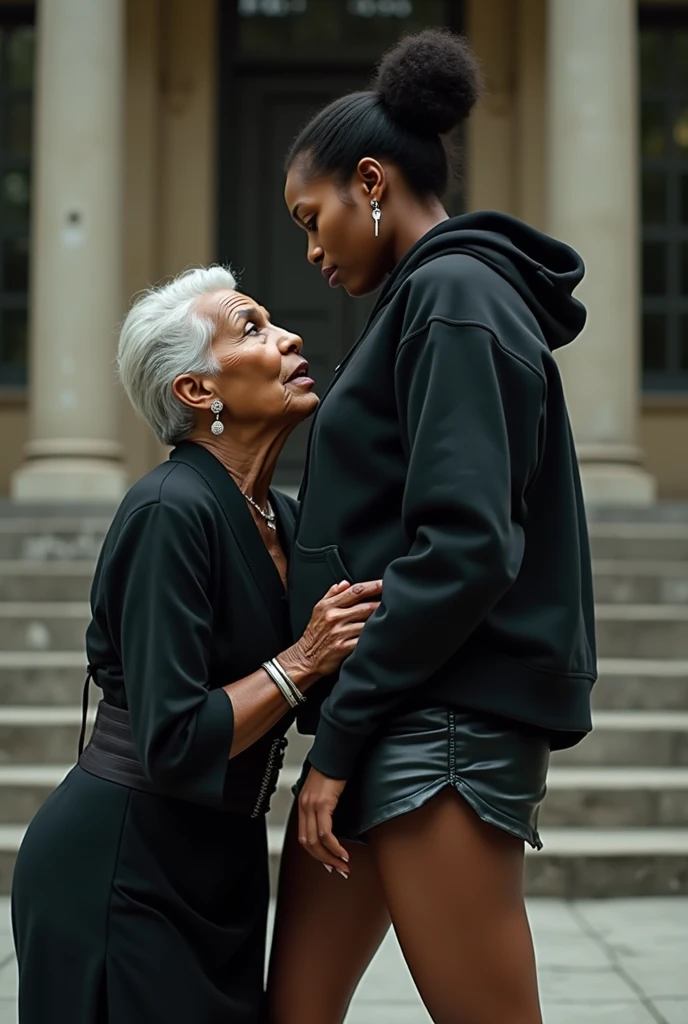 black woman hair in a bun black hoodie black leather short shorts a old grandma in a dress on her knees kissing her ass behind her squeezing her butt
