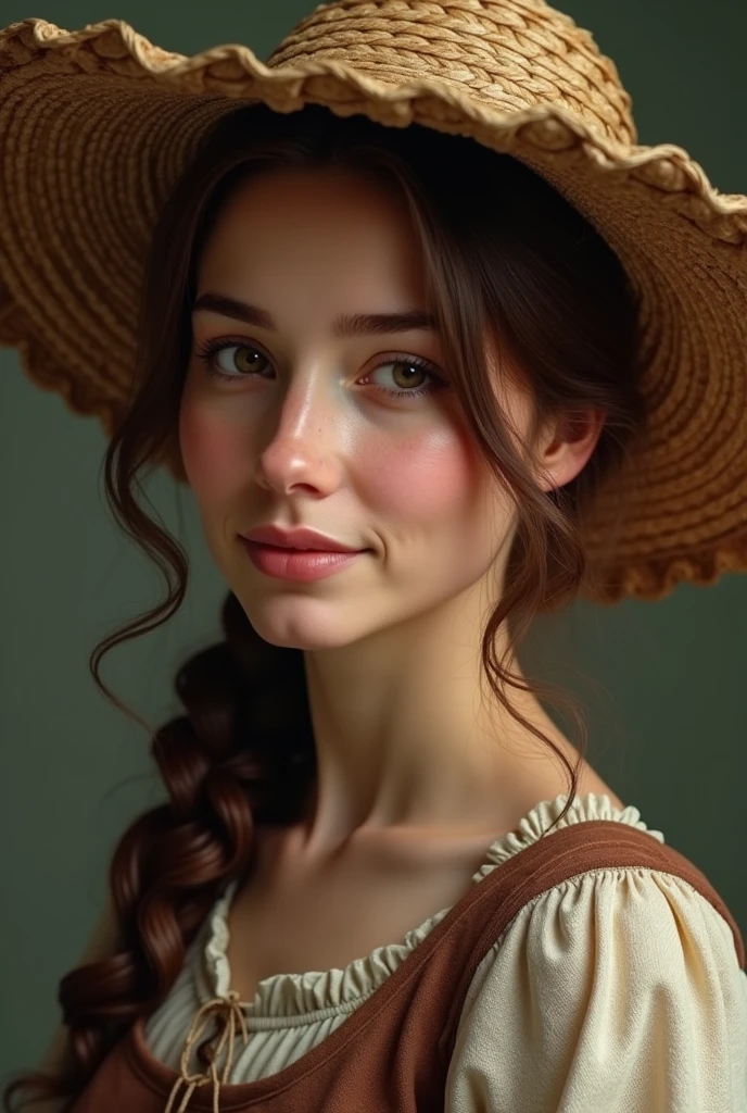 woman&#39;s face in peasant clothing, of Polish origin in the Middle Ages (with wavy hair and straw hat)
