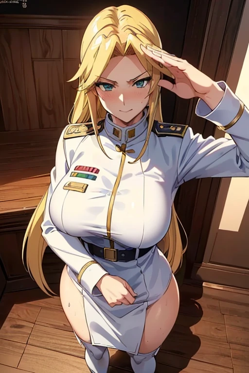 8k(White military uniform, White military uniform:1.5  )
Masterpiece(woman,Huge breasts,Huge breasts:1.５,とても唇が赤いHuge breastsを強調,Big Ass,Narrow waist,Long legs,Green Eyes Standing)
8k((Anime Style,Henyohe 8k((Anime Style,A sloppy smile,What we are looking for,Face mischievous face,The facial expression is accurate:1.1))))
8k(Staring at me)
8k((Focus on the face))
8k(The facial expression is accurate)
8k(きれいなwoman)
8k(Tight fit)
8k(Model standing)
(Alice in Wonderland)
8k Right hand salute 8k(Long blonde hair,The facial expression is accurate:1.1)