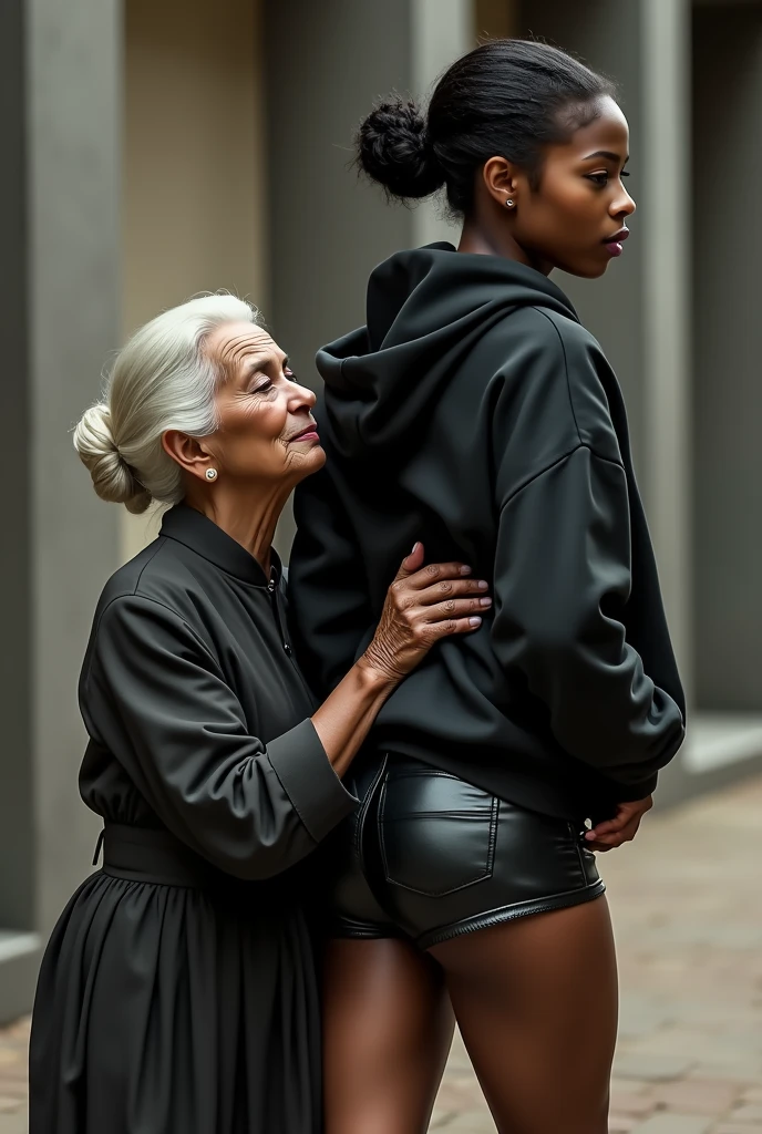 black woman hair in a bun black hoodie black leather short shorts a old grandma in a dress on her knees kissing her ass behind her squeezing her butt