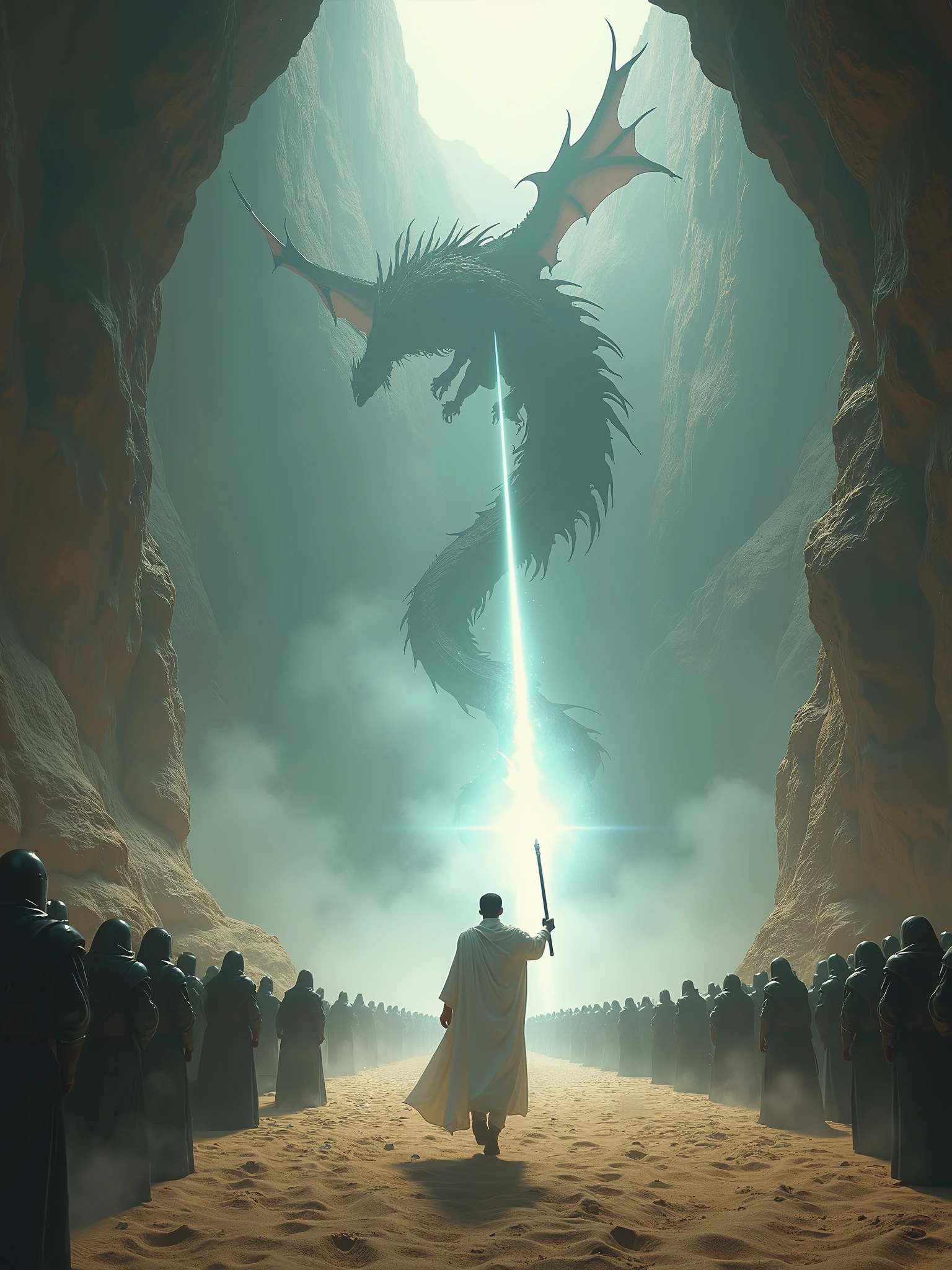 Create an epic fantasy scene set in a vast underground cave. The ceiling of the cave is illuminated with an eerie soft light that reveals a giant, fearsome fire-breathing dragon with long, evil wings and an ancient, twisted body descending from above. Below, in the cave's sandy landscape, a large army of soldiers in dark robes and armor stand ready for battle. At the forefront, a 20-year-old man in a flowing white robe floats above the ground, holding a glowing white staff that emits a bright magical light. Soldiers surround him as a defensive force, demonstrating unity in the fight against the terrifying fire-breathing dragon. The atmosphere is tense, full of suspense and the imminent clash between the forces of light and dark. Beautiful colors and soft earth tones, with the white light from the staff creating moving shadows and highlights. Natural light, 8k clarity.