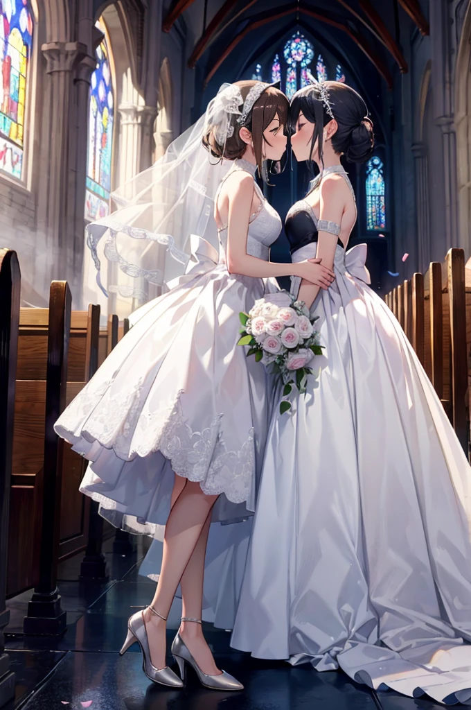 (masterpiece), 4K,{{{2 women}}}, Wedding dress,tuxedo,Lesbian，shoes，Random Hairstyles,headgear, wedding,church,牧師の前で誓いのkiss,kiss,Angle from a distance,A large number of customers