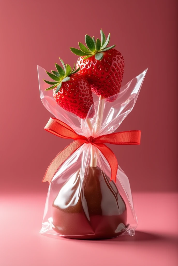 An image to sell food products. The product consists of a mini strawberry skewer (two strawberries per skewer, skewered on the sides of the strawberry), inside a plastic package tied with a ribbon, as if it were a lollipop wrapper. The strawberry skewer comes with a transparent sachet of creamy brigadeiro.