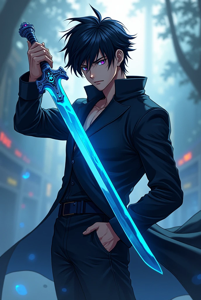 one caracter,anime styling,masculine,with black hair,colorful eyes,holding a blue-bladed sword in his right hand,and with the left hand in the pocket