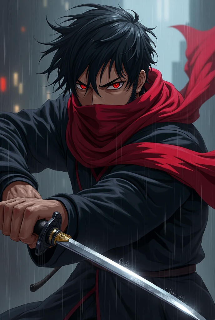 An anime character;
A man with brown skin, Bblack hair, Eyes red, short beard.
Uses a look that is a mix of ninja and assassin, black color with a long red scarf that at the same time covers his mouth and nose.
holding daggers.
in an attack pose.
the background on a rainy day at night.