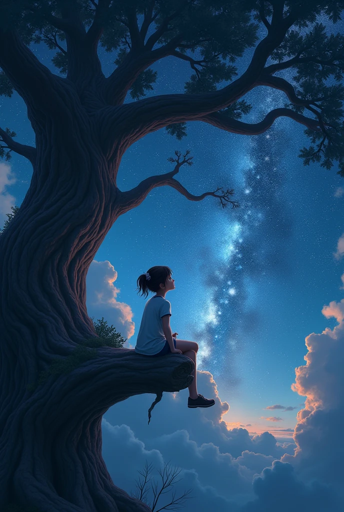 A girl sitting on a branch of a huge tree and looking at the milkyway night sky