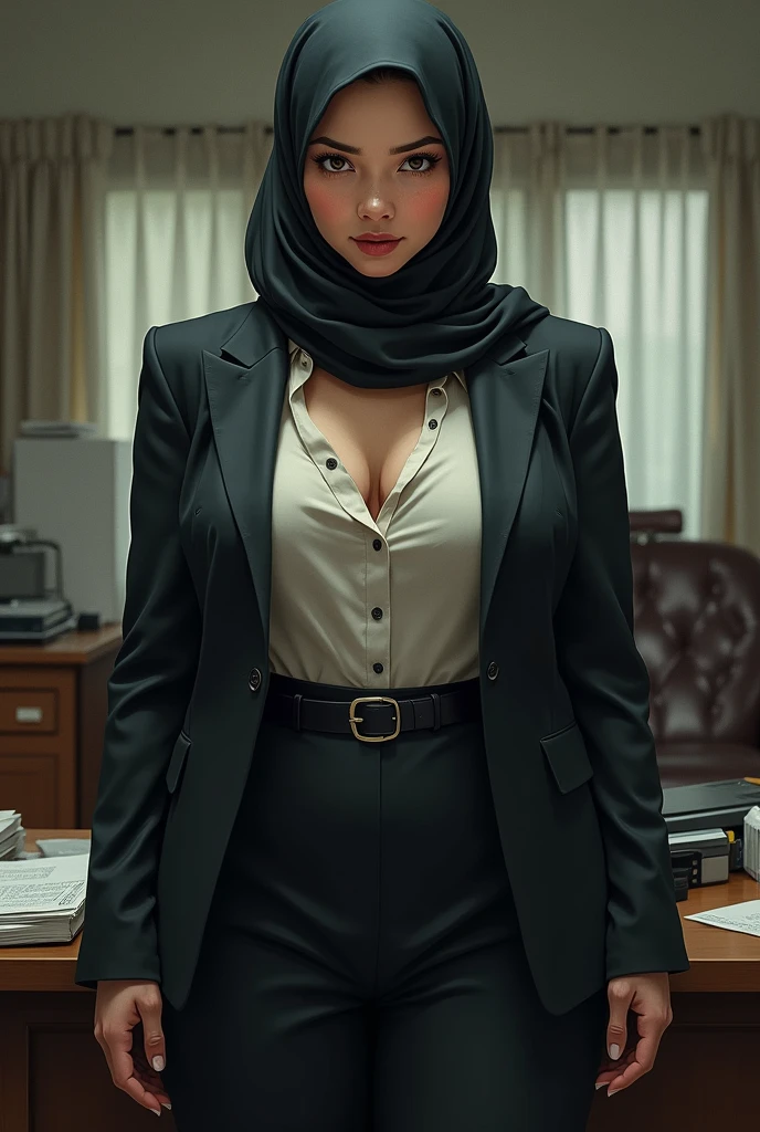 ((1woman)), Female Politician, Woman, Plump, ((Blazer:1.3)), ((Hijab, Long Skirt)), Portrait, ((Messy Office:1.2)), ((Sweat:1.0)), ((Upward Gazing:1.3)), ((Mix of Indonesian-Japanese Heritage:1.1)), ((Ex-Gravure Idol:1.1)), ((Tight Clothes:1.2)), ((Half-Naked:1.0)), ((Breasts Out:1.0)), ((K Cup:1.0)), ((Fake Implant:1.0)), ((Massive Cleavage))