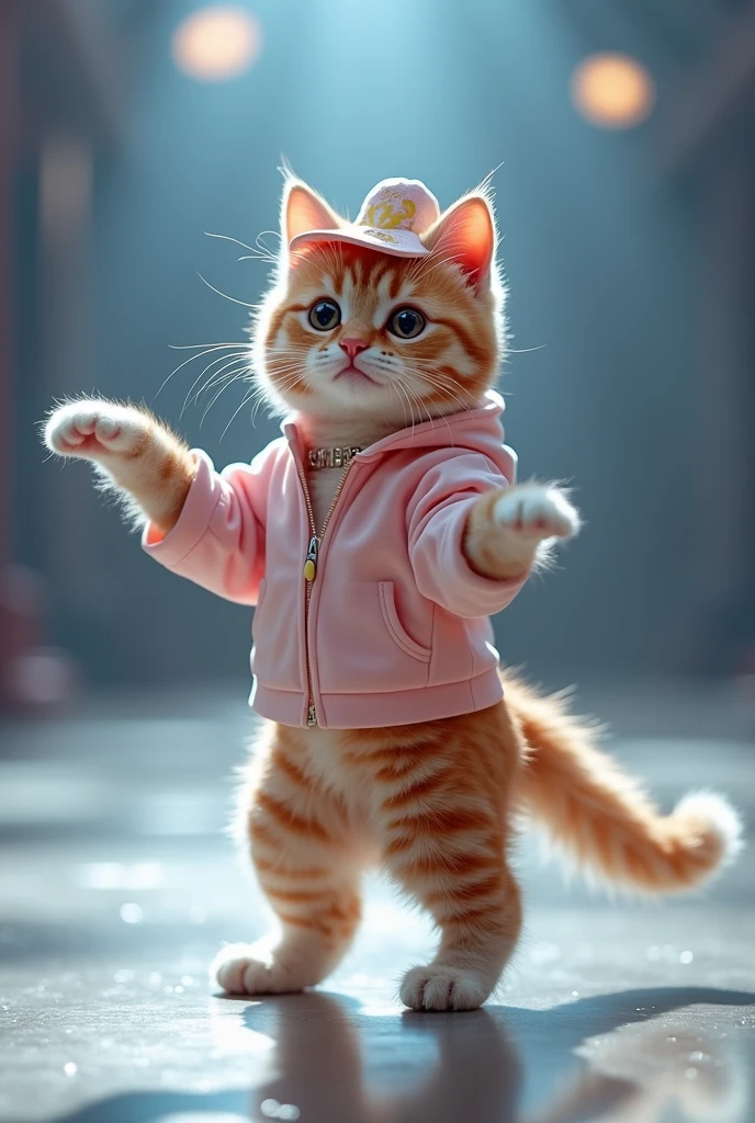 可愛い雄の猫がkpopダンサ➖の格好をしてフロアで立って踊っている。  The hat says JIMIN。