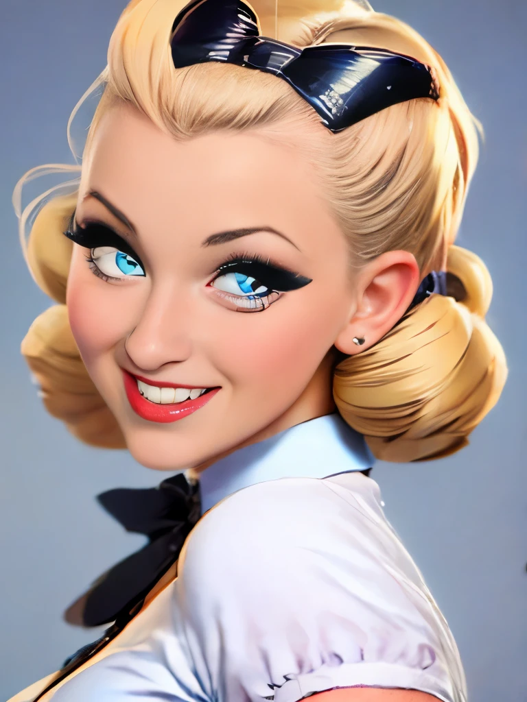 blonde woman with curlers in her hair looking at camera, rockabilly hair, retro and ethereal, up face with 1 9 2 0 s hairstyle, rockabilly style, retro 5 0 s style, rockabilly, dark pin-up style hair, pin up, 1950s vibes, vintage makeup, pinup style, inspired by Evaline Ness, old hollywood themed