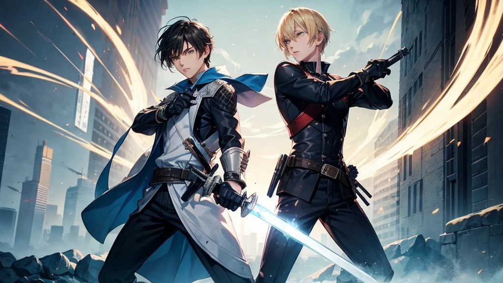young man with blonde hair fighting big monsters like godzilla using sword, with his partner a brown-haired man carrying a gun