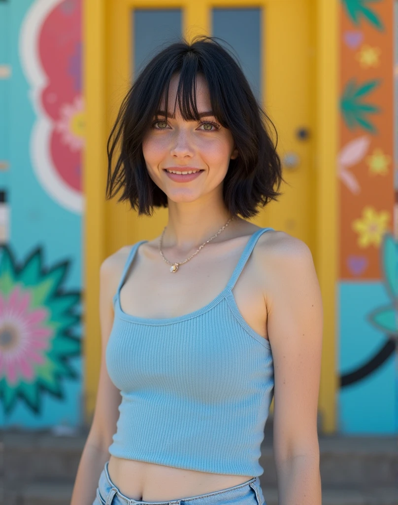 RAW photo, best quality, masterpiece, photorealistic, Polish girl, ((Light blue ASICS sneakers)), 20 years old, black hair, Light grey eyes, short bob cut, hair in 7 thirds, hair over one ear, Symmetrical eyes, pale skin, Big Breasts, rip gloss, Light blue ASICS sneakers, photographed in front of a colorful and stylish exterior wall, smiling, sunny, outdoors, detailed background shot, model-like pose, summer, sunlight, stylish outfit