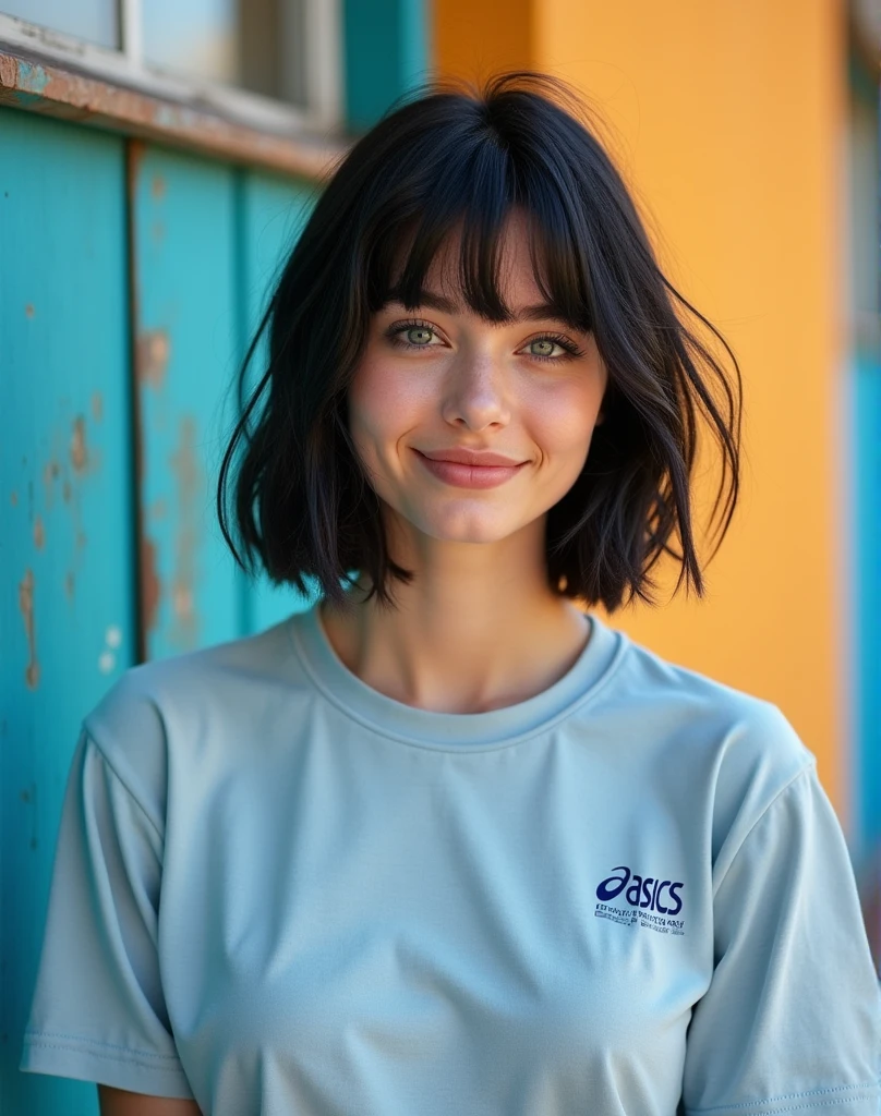 RAW photo, best quality, masterpiece, photorealistic, Polish girl, ((Light blue ASICS sneakers)), 20 years old, black hair, Light grey eyes, short bob cut, hair in 7 thirds, hair over one ear, Symmetrical eyes, pale skin, Big Breasts, rip gloss, Light blue ASICS sneakers, photographed in front of a colorful and stylish exterior wall, smiling, sunny, outdoors, detailed background shot, model-like pose, summer, sunlight, stylish outfit