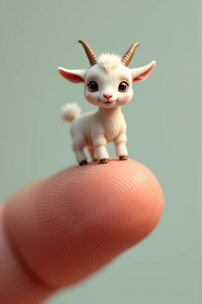  
ChatGPT said:
ChatGPT
A  goat standing on a thumb would be a whimsical scene. The tiny goat, likely a baby ominiature version, would be delicately balanced on the tip of a human thumb. Its small hooves would be just touching the surface, with its curious eyes looking around. The thumb would provide a sense of scale, highlighting the goat's tiny size. The background could be simple to keep the focus on this adorable interaction