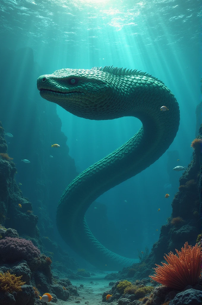 A gigantic realistic snake under the sea