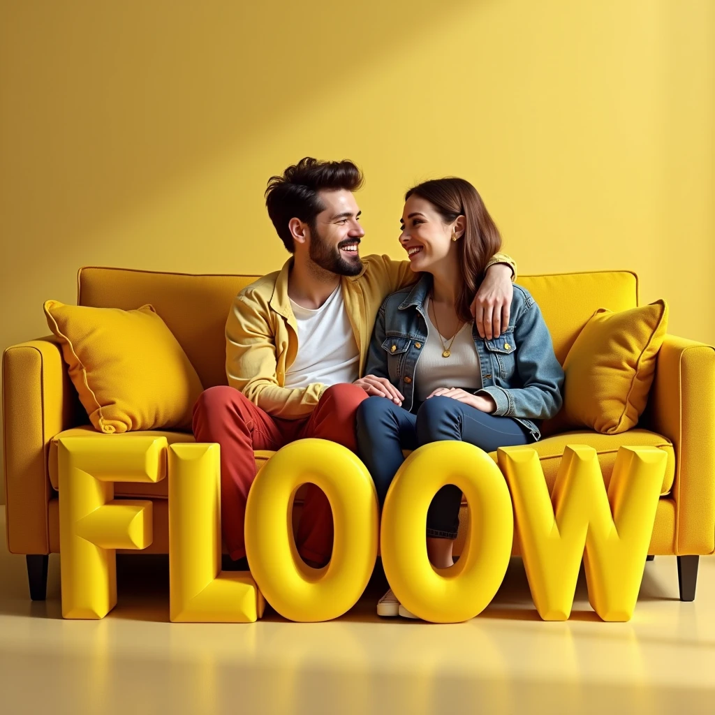 real happy couple on yellow couch with title floow