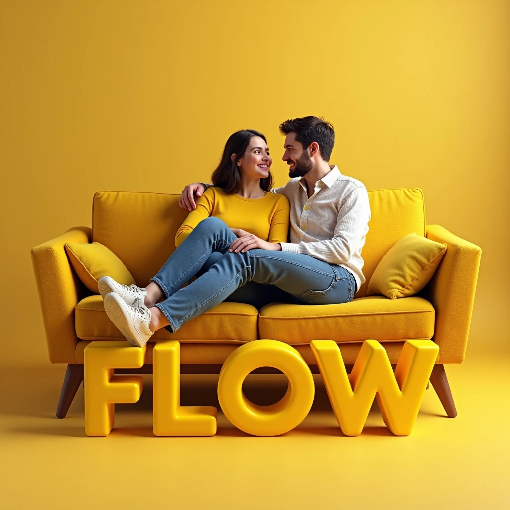 real happy couple on yellow couch with title floow