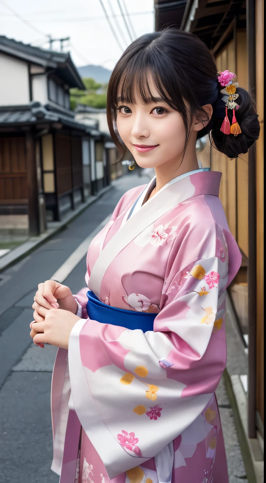 Professional Lighting,(Photorealistic:1.4), (Top image quality:1.0), (超High resolution:1.0), 8k, Raw photography, (masterpiece:0.2), (Facing the children_v1:0.5)、(最高quality Detail:1.2)、Realistic、8k UHD、High resolution、(1 person:1.2)、超detailedな、High quality textures、複雑なdetailed、detailed、Very detailed CG、High quality shadows、detailed 美しく繊細な顔、Beautiful details and a delicate eye、(Symmetrical eyes:1.2),Written boundary depth、Ray Tracing,1 person, Japanese, (Natural smile:1.4),cute, thin, Portrait of a beautiful Japanese woman in a kimono, Standing elegantly on a street corner in Kyoto. Kimono with vibrant traditional patterns, Hair decorated with elegant and delicate hairpins, Gentle expression. (With the old streets of Kyoto in the background:1.4)、The soft light of a spring afternoon、Adding tranquility to the scene. Rendered in a Realistic style with great attention to detail, High resolutionの画像.Sky Porn, Magic Hour, (Realistic:1.3), finely, quality, (Tabletop:1.2), (Realistic:1.2), (最高quality), (複雑なdetailed), dramatic, Ray Tracing, photograph, +roller