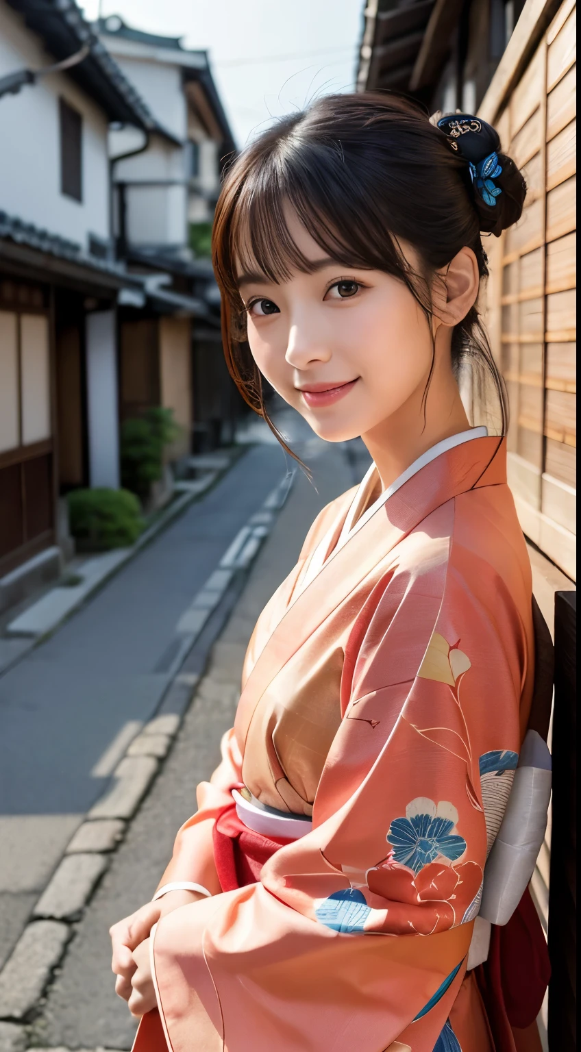 Professional Lighting,(Photorealistic:1.4), (Top image quality:1.0), (超High resolution:1.0), 8k, Raw photography, (masterpiece:0.2), (Facing the children_v1:0.5)、(最高quality Detail:1.2)、Realistic、8k UHD、High resolution、(1 person:1.2)、超detailedな、High quality textures、複雑なdetailed、detailed、Very detailed CG、High quality shadows、detailed 美しく繊細な顔、Beautiful details and a delicate eye、(Symmetrical eyes:1.2),Written boundary depth、Ray Tracing,1 person, Japanese, (Natural smile:1.4),cute, thin, Portrait of a beautiful Japanese woman in a kimono, Standing elegantly on a street corner in Kyoto. Kimono with vibrant traditional patterns, Hair decorated with elegant and delicate hairpins, Gentle expression. (With the old streets of Kyoto in the background:1.4)、The soft light of a spring afternoon、Adding tranquility to the scene. Rendered in a Realistic style with great attention to detail, High resolutionの画像.Sky Porn, Magic Hour, (Realistic:1.3), finely, quality, (Tabletop:1.2), (Realistic:1.2), (最高quality), (複雑なdetailed), dramatic, Ray Tracing, photograph, +roller