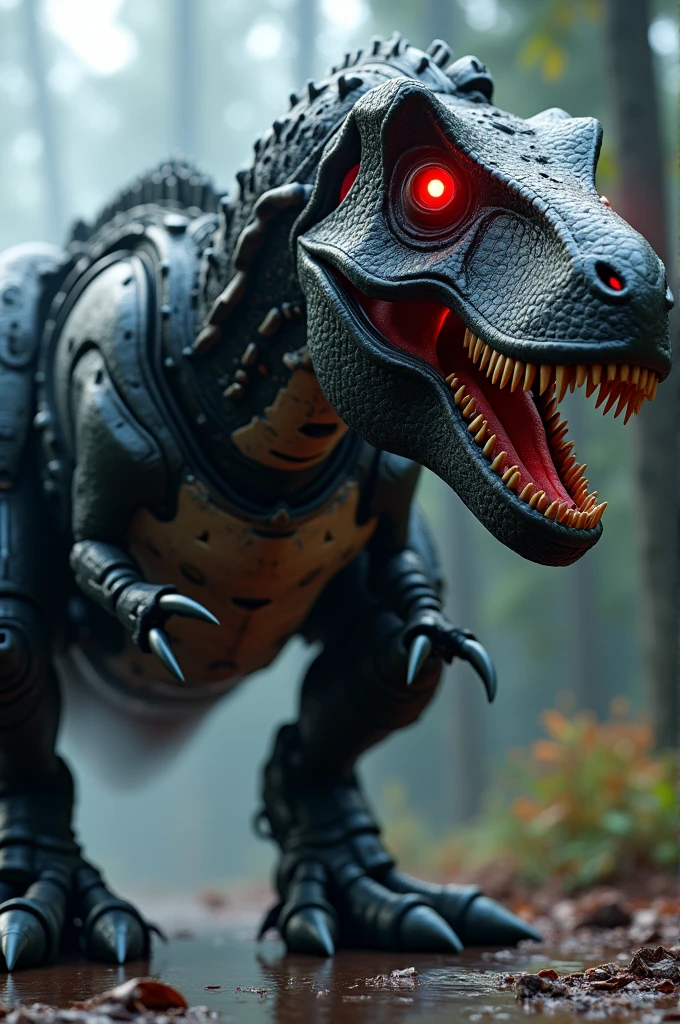 A massive mechanized robotic tyrannosaurs rex, highly detailed, intricate mechanical gears and components, dark metallic body, glowing red eyes, steam vents, industrial cyberpunk style, dramatic lighting, cinematic composition, 8k, hyper-realistic, unreal engine, award winning cgi, professional 3d rendering