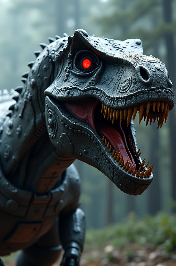 A massive mechanized robotic tyrannosaurs rex, highly detailed, intricate mechanical gears and components, dark metallic body, glowing red eyes, steam vents, industrial cyberpunk style, dramatic lighting, cinematic composition, 8k, hyper-realistic, unreal engine, award winning cgi, professional 3d rendering