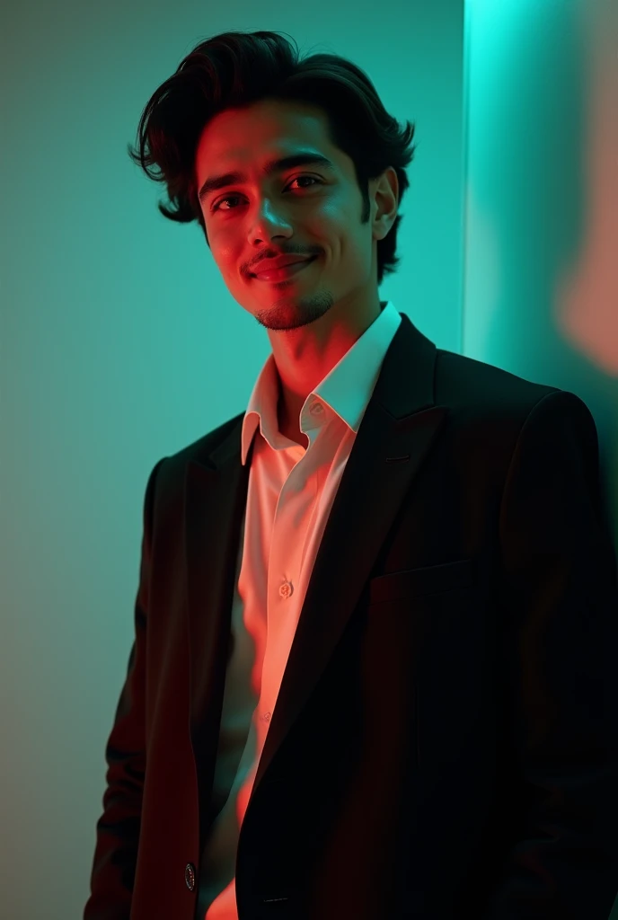  A young Man With Dark hair and a confident smile He is Dressed in a black blazer over a white shirt The man is positioned against aqua colour backdrop with a subtle red lighting on 