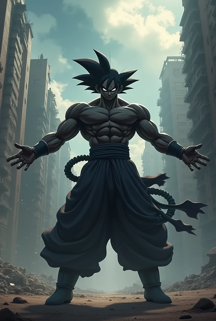 Make me a background of a destroyed city and in front appears Black Goku and he is opening his arms 