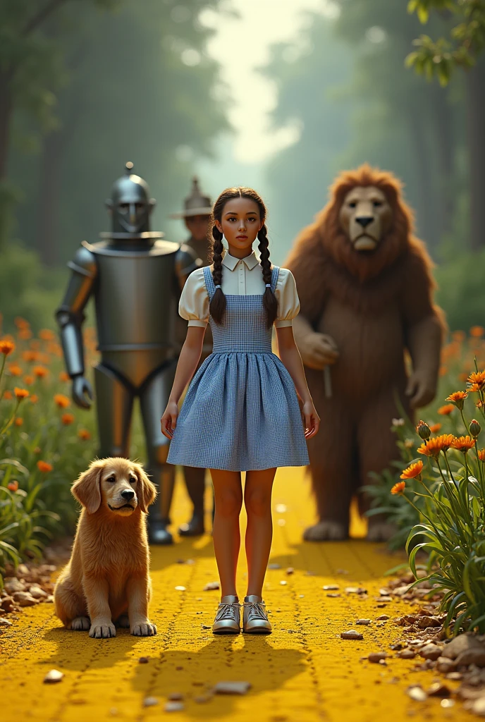 ((best quality)), ((masterpiece)), (detailed), Dorothy Gale wearing silver shoes, yellow brick road, Toto, the Scarecrow, the Tin Woodman, and the Cowardly Lion, (front view), detailed and extreme, 8k, RAW photo, high resolution, high quality), detailed background, cinematic lighting, back lighting, photorealistic, hyperrealistic, by dasagi, scattered debris