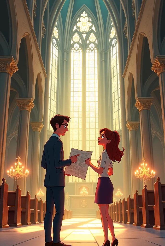 Man with blueprints in hand talking to a woman looking at the interior of a gothic cathedral. animated cartoon