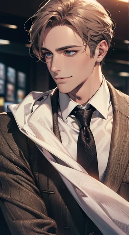 (Highest quality,4K,8K,High resolution,masterpiece:1.2),Super detailed,(Realistic,photoRealistic,photo-Realistic:1.37),1 personld,Mature Men,Beautiful skin、very handsome,Expressionless smile in love,Short gray brown hair,green eyes,Sharp Eyes,A perfect face without a doubt,Businessman, CEO, Office Background,Cinema Lighting,HDR image,tie、