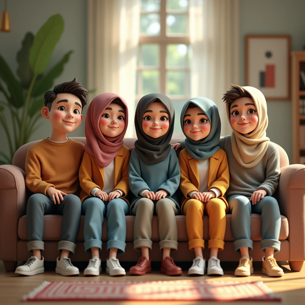 6 people ((3 hijabless male sitting)) ((3 hijabbed females sitting)), caricaturized, cute face, white people, casual fashion, fantasy art, happy expression, extreme detail, masterpiece, cinematic lighting, 4k, indoor background