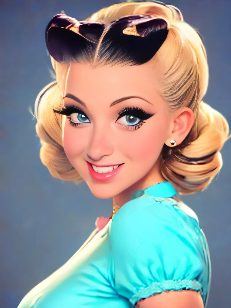 blonde woman with curlers in her hair looking at camera, rockabilly hair, retro and ethereal, up face with 1 9 2 0 s hairstyle, rockabilly style, retro 5 0 s style, rockabilly, dark pin-up style hair, pin up, 1950s vibes, vintage makeup, pinup style, inspired by Evaline Ness, old hollywood themed