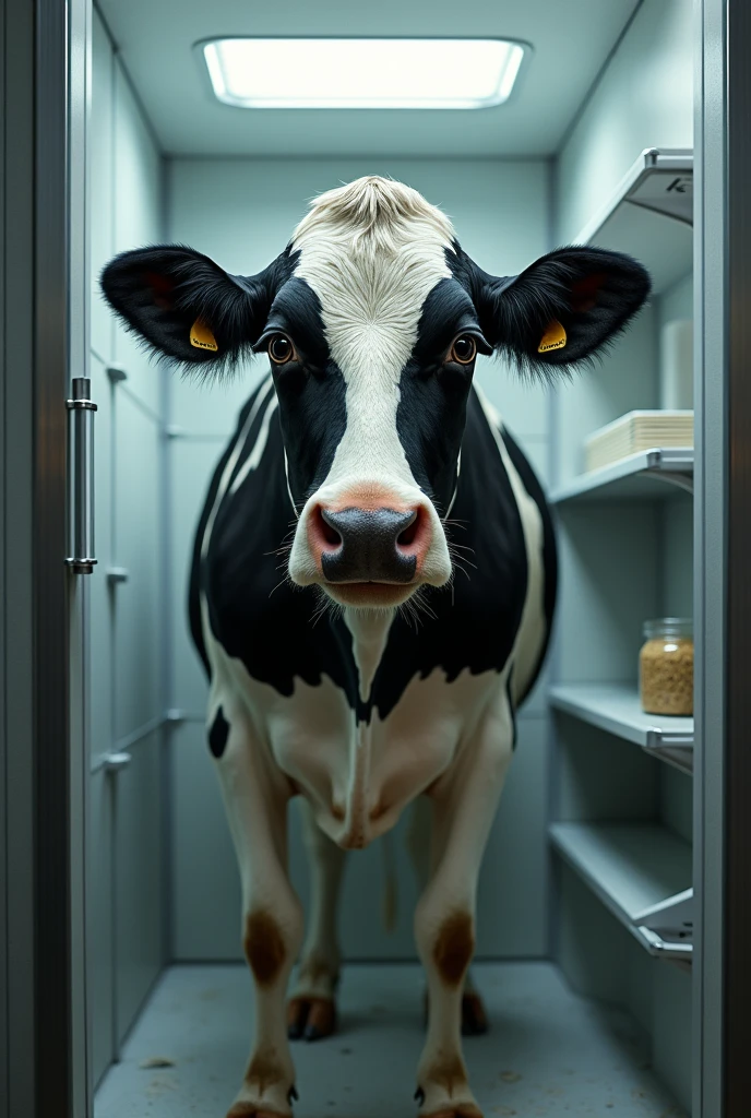 A cow inside a refrigerator