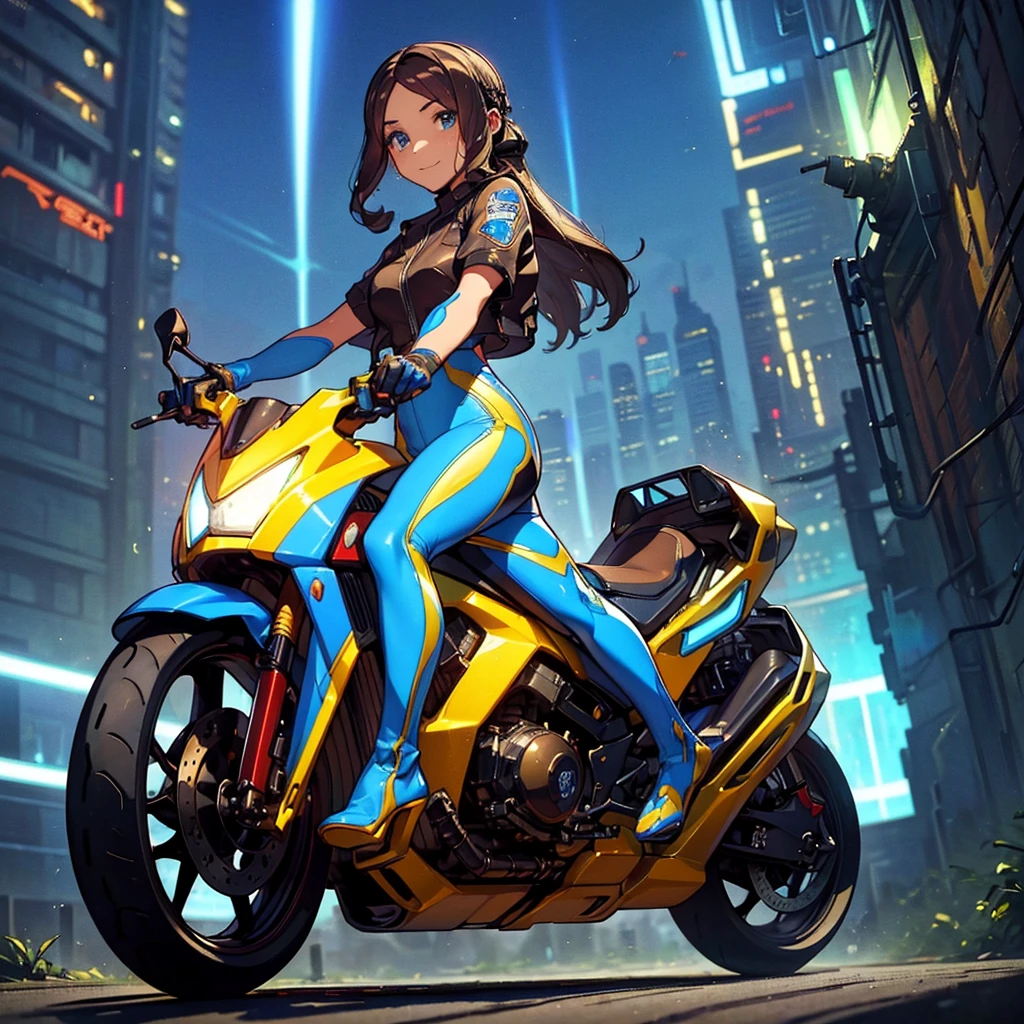(masterpiece), Highest quality, Fantasy art, One person, (alone:1.5), riding on a cyberpunk style motorcycle, motorcycle, Ground vehicles, car、Sky City, Speed Line, Bright colors,spark,(Racing Suits),(Racing Gloves),((Remember)),((Butt)),(Sweat),(hand,detailed,perfection,perfectionion,hands),
