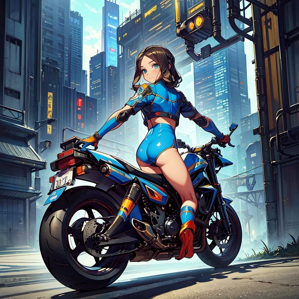 (masterpiece), Highest quality, Fantasy art, One person, (alone:1.5), riding on a cyberpunk style motorcycle, motorcycle, Ground vehicles, car、Sky City, Speed Line, Bright colors,spark,(Racing Suits),(Racing Gloves),((Remember)),((Butt)),(Sweat),(hand,detailed,perfection,perfectionion,hands),