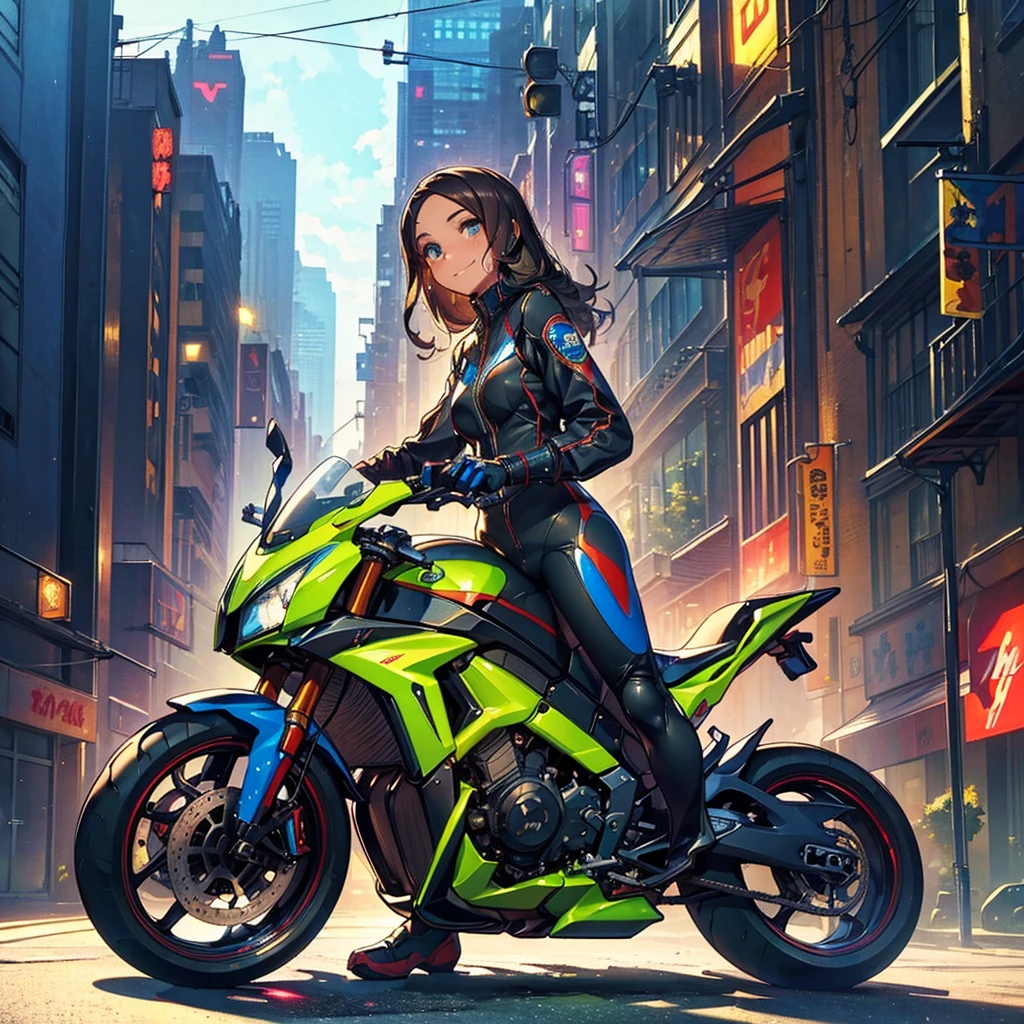 (masterpiece), Highest quality, Fantasy art, One person, (alone:1.5), riding on a cyberpunk style motorcycle, motorcycle, Ground vehicles, car、Sky City, Speed Line, Bright colors,spark,(Racing Suits),(Racing Gloves),((Remember)),((Butt)),(Sweat),(hand,detailed,perfection,perfectionion,hands),