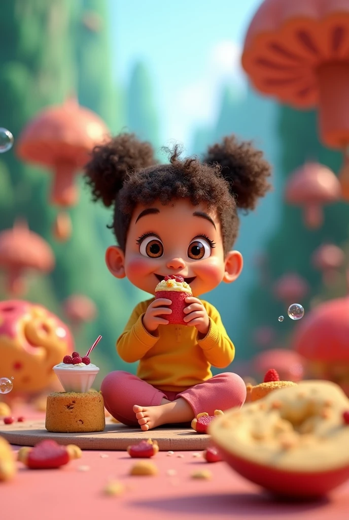 A with curly hair and bright eyes eating snacks 3D animated Disney inspired