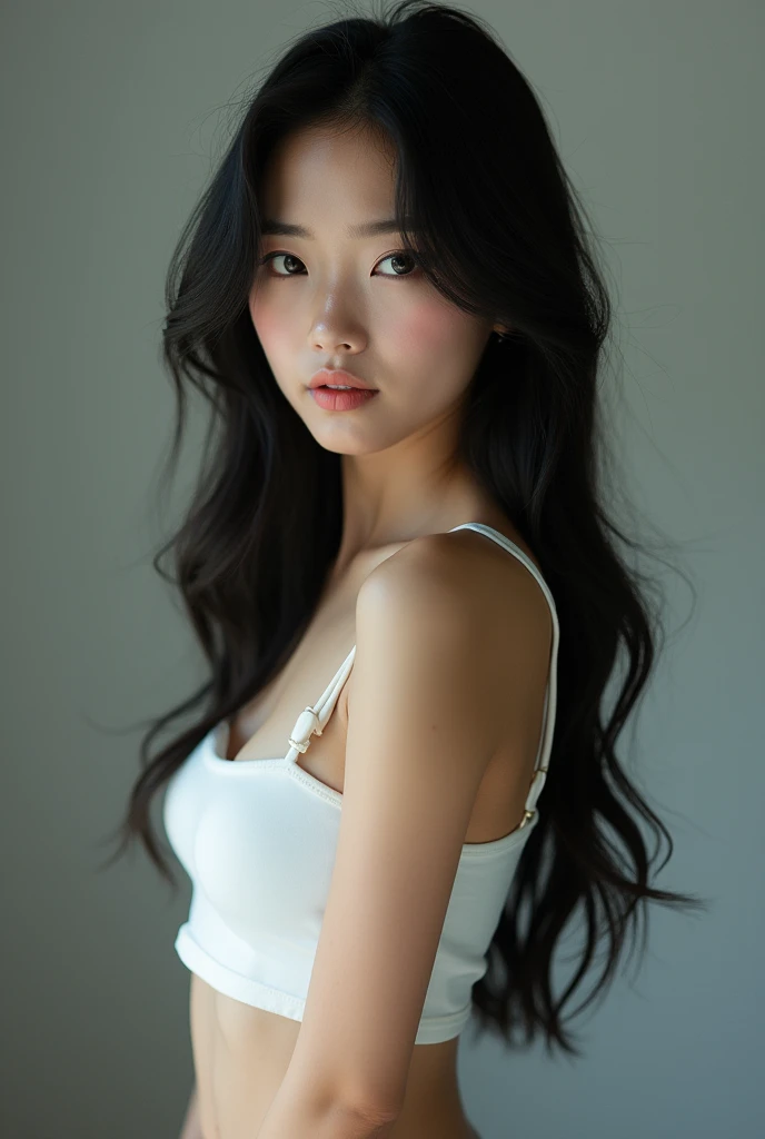 Asian sweat face girl with long black hair and white skinin undrboob shirt with sexy face, view whole body