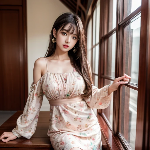 travel scenery photos,Wear Thai floral dress,1 female, On the face, light brown hair, blunt bangs, hair behind ears, Shoulder-length hair, long hair, Slender body type, 超face slimming型, face slimming, delicate lips, beautiful eyes, Thin blush, Eyes are light brown,View here, (actual:1.3), One person's perspective, 8k, Super detailed, high quality, best quality, High resolution, ,Large Breasts,3,above knee shot