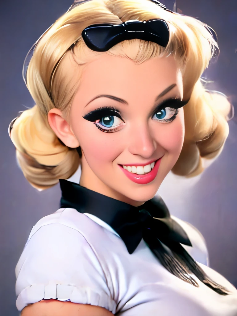 blonde woman with curlers in her hair looking at camera, rockabilly hair, retro and ethereal, up face with 1 9 2 0 s hairstyle, rockabilly style, retro 5 0 s style, rockabilly, dark pin-up style hair, pin up, 1950s vibes, vintage makeup, pinup style, inspired by Evaline Ness, old hollywood themed
