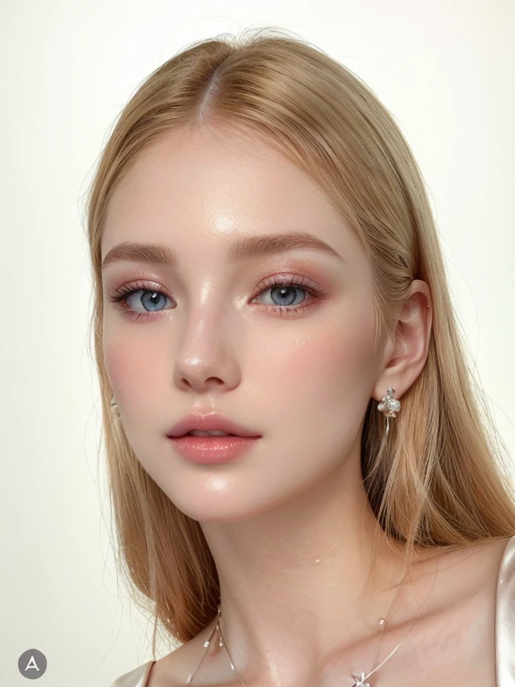 a close up of a woman with a necklace and earrings, glowing peach face, glowing porcelain skin, pale glowing skin, porcelain highlighted skin, glossy skin, glossy lips, detailed flawless face, clear makeup, subtle makeup, dewy skin, pastel makeup, soft flawless pale skin, perfectly lit face, glowing skin face, perfect face model, glossy eyes, flawless face