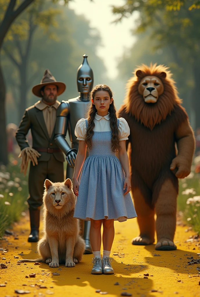 ((best quality)), ((masterpiece)), (detailed), Dorothy Gale wearing silver shoes, yellow brick road, Toto, the Scarecrow, the Tin Woodman, and the Cowardly Lion, (front view), detailed and extreme, 8k, RAW photo, high resolution, high quality), detailed background, cinematic lighting, back lighting, photorealistic, hyperrealistic, by dasagi, scattered debris