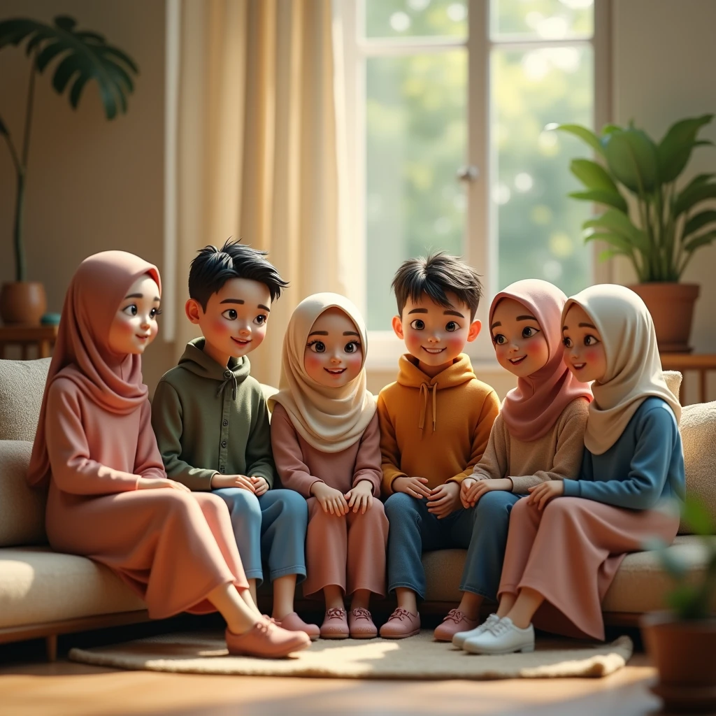 6 people ((3 hijabless male sitting)) ((3 hijabbed females sitting)), caricaturized, cute face, white people, casual fashion, fantasy art, happy expression, extreme detail, masterpiece, cinematic lighting, 4k, indoor background