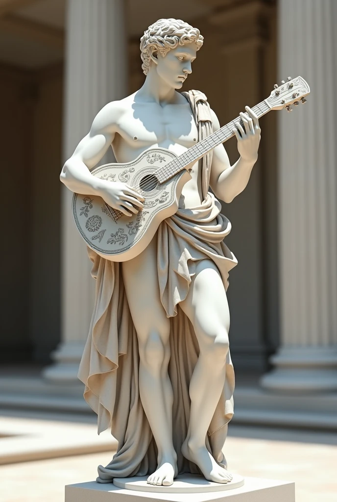 a man-made greek marble statue playing an antique guitar