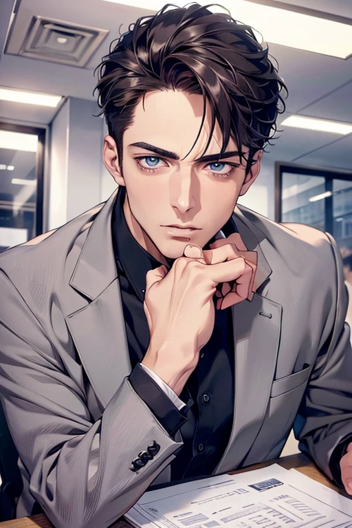(Best Quality,4k,8k,high resolution,Masterpiece:1.2),ultra detailed,(realist,photorealist,photo-realist:1.37),1 man,31 years,mature man,very handsome,without expresion,muscled body,short gray black hair,Blue eyes,glare,perfect face without mistakes,imposing posture,businessman,office background,cinematic lighting,imagen HDR